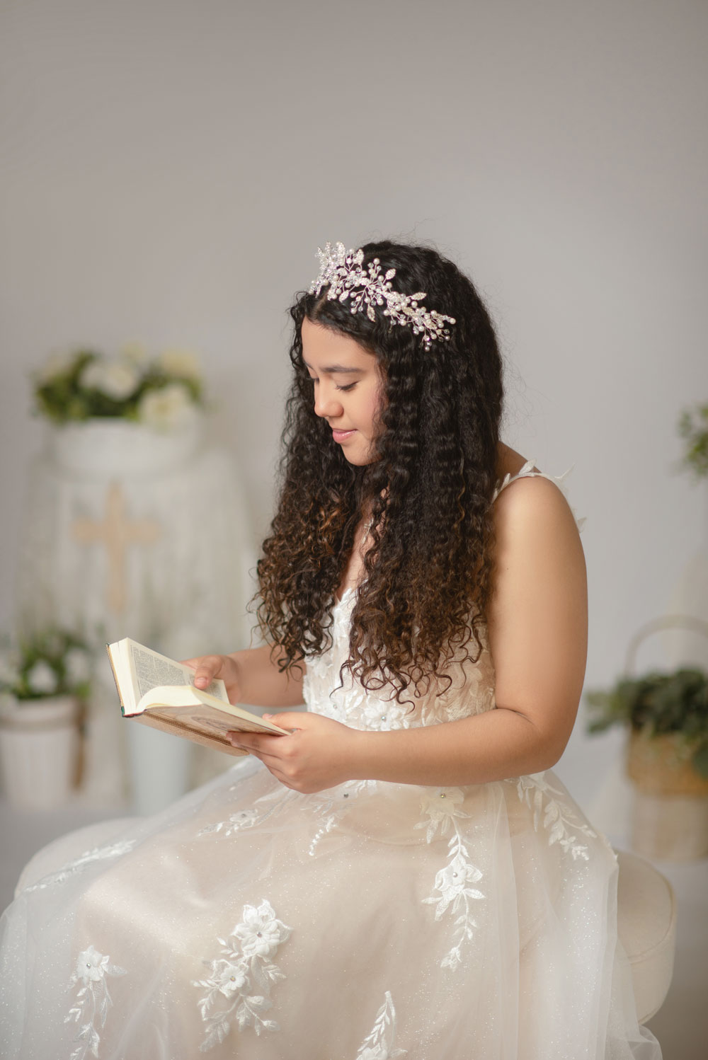 First Communion photoshoot ideas Baptism kids photos pictures Photographer Sacramento Roseville Rocklin Elk Grove Eldorado Hills Folsom Yuba city Girl reading Bible